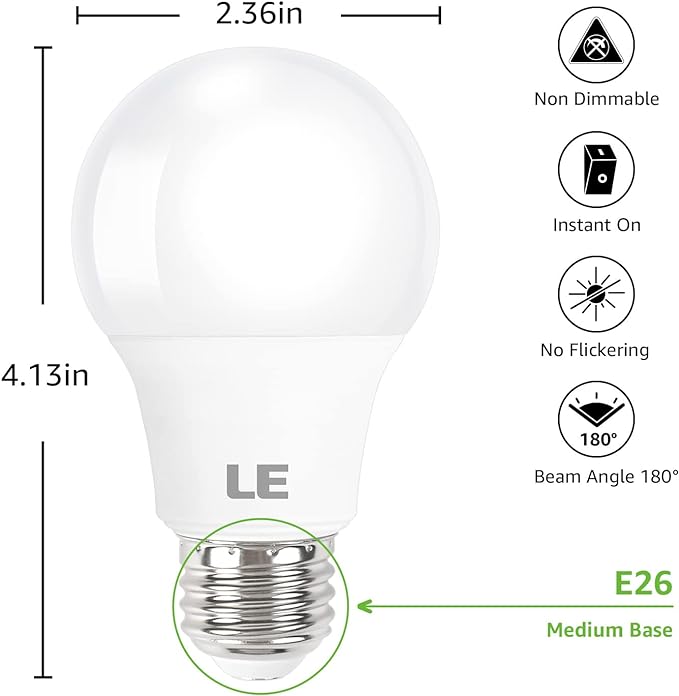 LE LED Light Bulbs 60 Watt Equivalent, 9W 800 Lumens Non-Dimmable, Daylight White 5000K, A19 E26 Standard Medium Base, 10000 Hour Lifetime 5 Count (Pack of 1)