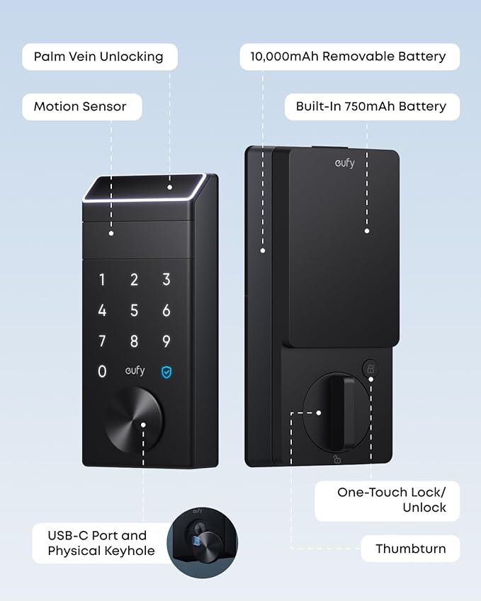 eufy FamiLock E34 Smart Lock with Palm Vein Recognition - Keyless Entry Door Lock for Front Door, Wi-Fi Keypad Deadbolt, ANSI/BHMA Grade 1, Auto Lock, Voice Control, IP65 Waterproof, No Monthly Fee