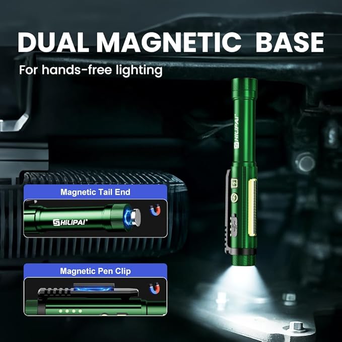 Magnetic Rechargeable Pen Light - 600 Lumen Dimmable EDC Flashlight, IPX4 Waterproof Work Light with Clip & COB LED for Mechanics, Nurses, Emergency(Green)