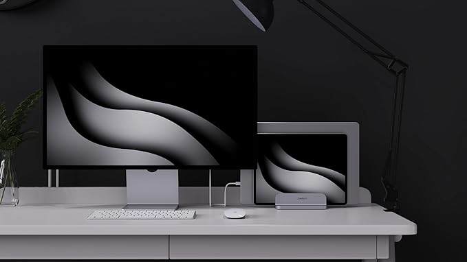 Double Aluminum Laptop Vertical Stand Organizer, Sturdy Notebook Computer Holder Stand Compatible with New Liquid Retina XDR Apple MacBook Air/Pro, Mac mini, Apple TV and iPad Pro - Silver