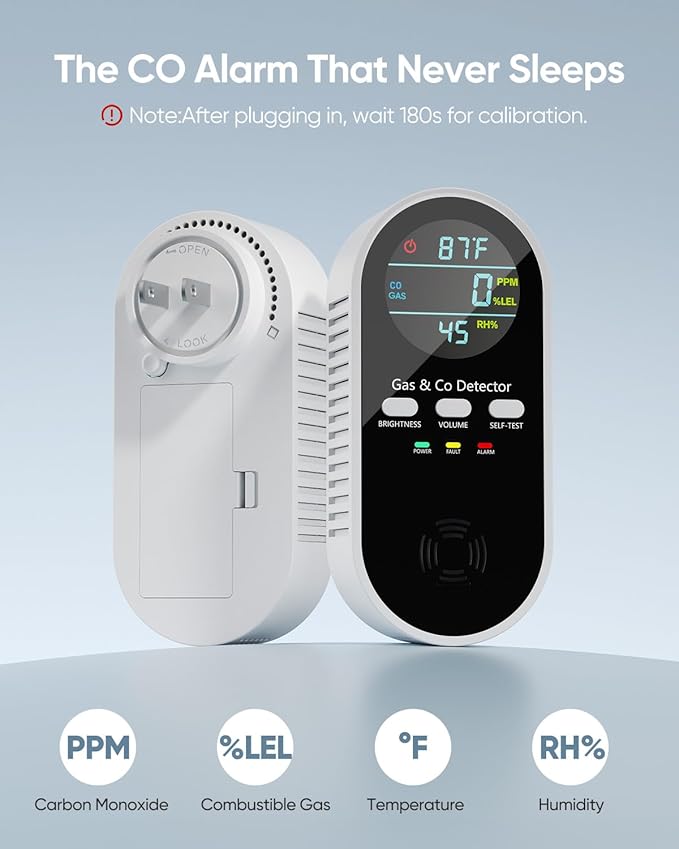 5-in-1 Carbon Monoxide Detectors, Natural Gas Leak Detector, Plug-in & Battery Backup Co Detector, HD Digital Display, CO Gas Temp Humidity Sensor, 3-Pcs, Black