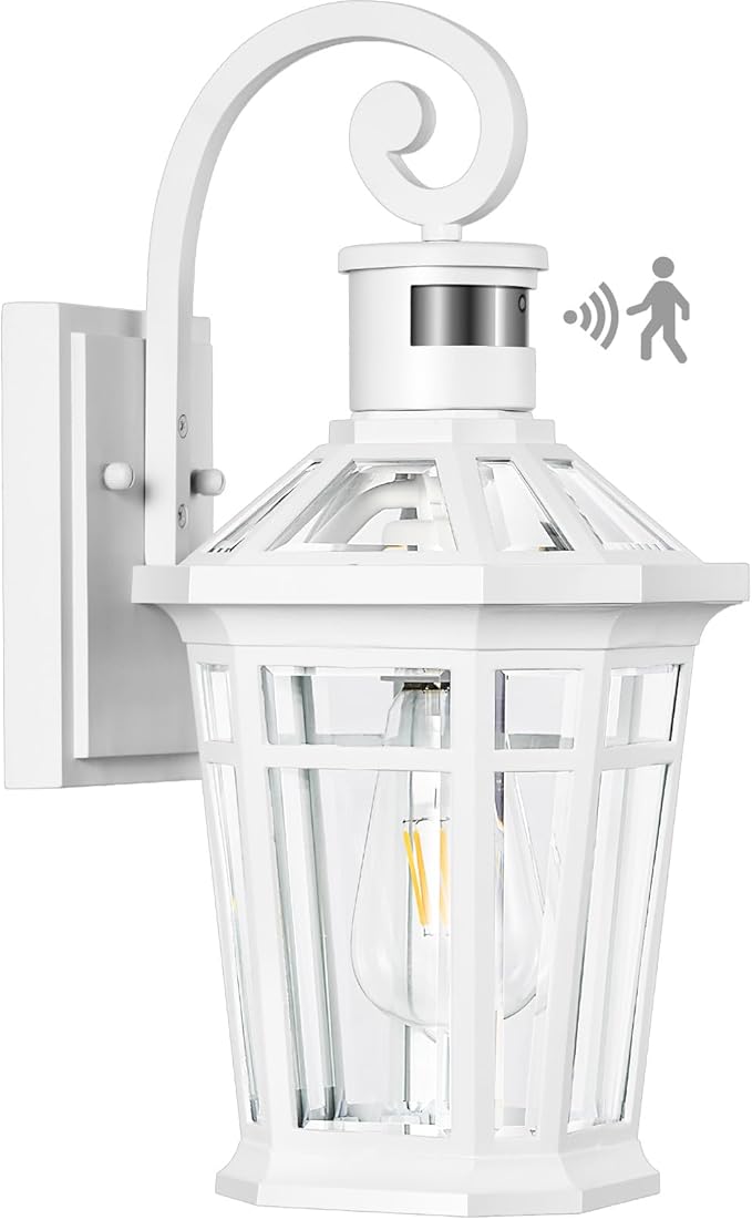 Motion Sensor Outdoor Wall Lantern, White Outdoor Lighting Fixtures Wall Mount, Dusk to Dawn Exterior Sconce Lights with Beveled Glass, Waterproof Exterior Front Porch Lights for Garage, Coach