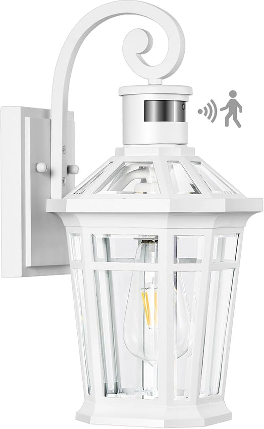 Motion Sensor Outdoor Wall Lantern, White Outdoor Lighting Fixtures Wall Mount, Dusk to Dawn Exterior Sconce Lights with Beveled Glass, Waterproof Exterior Front Porch Lights for Garage, Coach