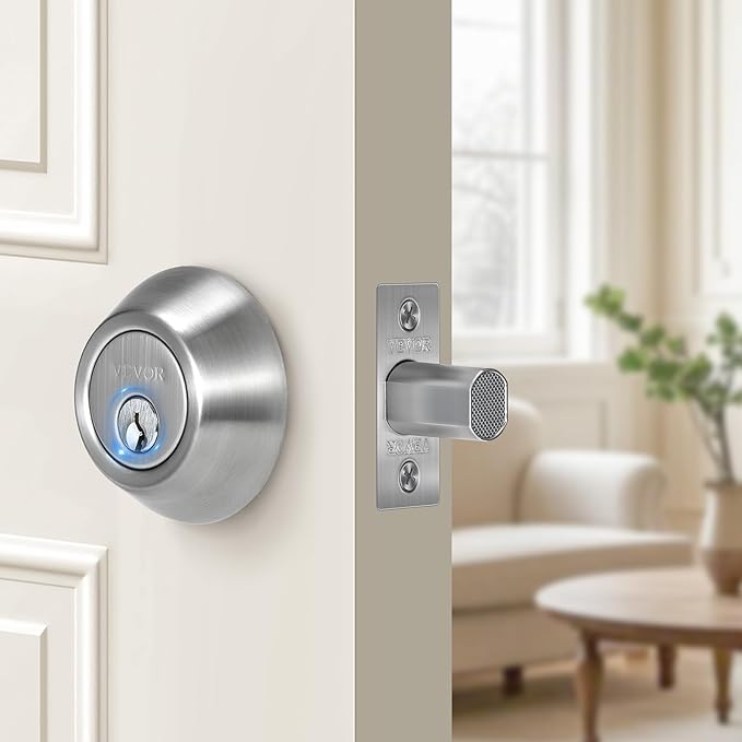 VEVOR Deadbolt Lock, Round Single Cylinder Dead Bolt, Keyed 1 Side, Fits Standard Size Interior and Exterior Doors, Full Metal, with 3 Keys, for Front Entry Door Residential Security, Satin Nickel