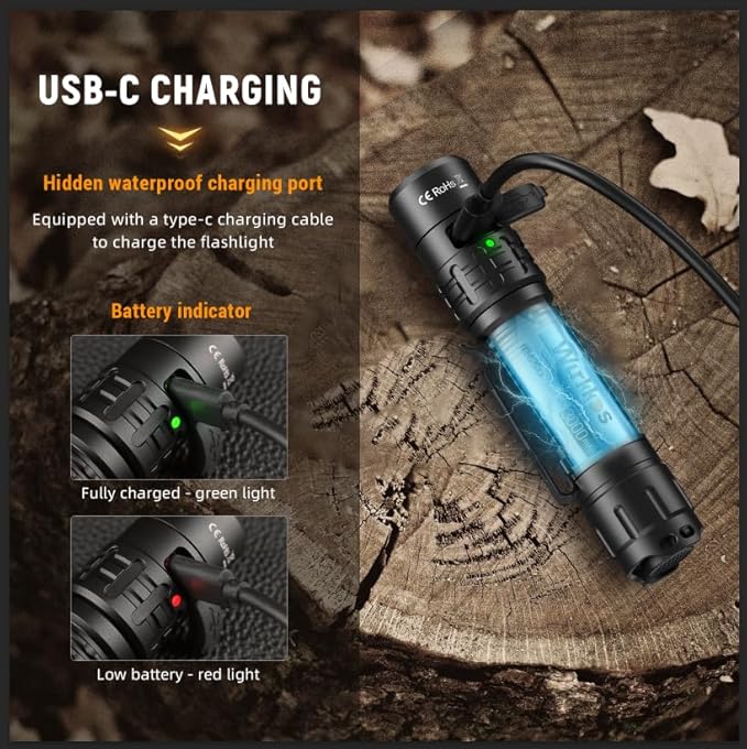 Wurkkos TD02 Led Tactical Flashlight, Super Bright Pocket Flashlights Rechargeable, 2000 High Lumens Flashlight EDC Flash Light with Type C Charging Port Tail Switch for Outdoor and Indoor Activities