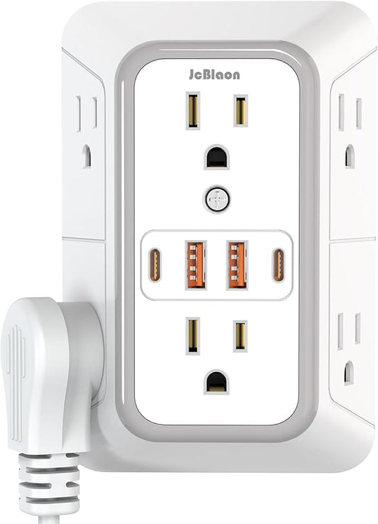 USB Wall Charger Power Strip Surge Protector with 4 USB Ports (2 USB C) Plug Extension Multiple Outlets Plug Extension Multi Outlet Plug in Adapter Spaced Outlets for Home Office Travel,White (White)