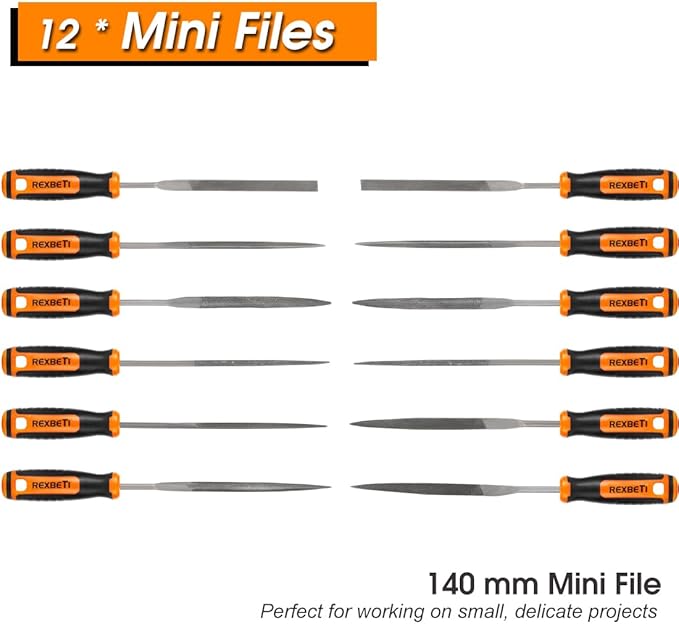 REXBETI 25Pcs Metal File Set, Premium Grade T12 Drop Forged Alloy Steel, Flat/Triangle/Half-round/Round Large File and 12pcs Needle Files with Carry Case, 6pcs Sandpaper, Brush, A Pair Working Gloves