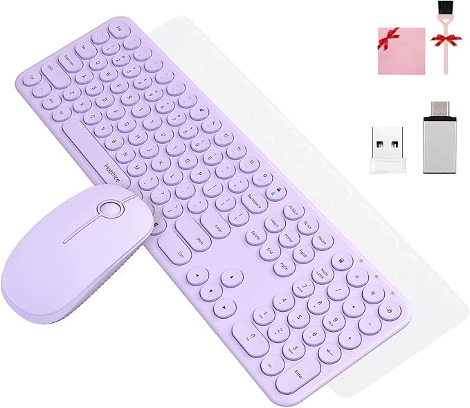 Cute Keyboard and Mouse Wireless for PC Computer/Laptop/Windows/Mac/Tablets, Ultra-Thin 2.4GHz USB Cordless Full-Sized Silent Retro Computer Keyboard Mouse Combo (Purple)