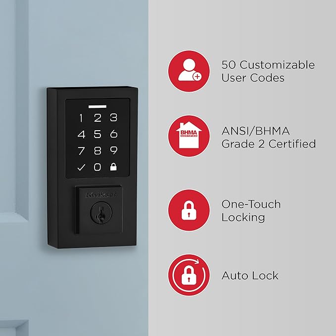 Kwikset SmartCode 270 Keyless Electronic Keypad Deadbolt with San Clemente Entry Handleset, Auto Door Lock, SmartKey Re-Key Security, Contemporary, Matte Black