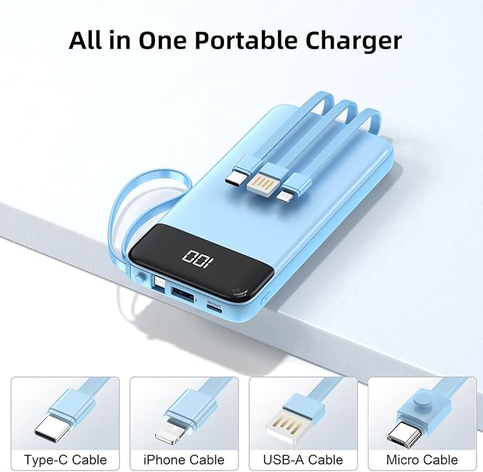 Portable Charger 10000mAh Power Bank with Built-in Cable, 5 Output 2 Input Travel Essential External Battery Pack with LED Display Compatible with iPhone 16/15 Samsung S22 Android,etc