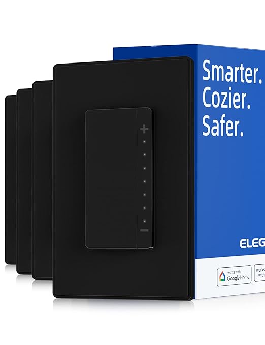 ELEGRP Smart Dimmer Light Switch DPR30, 2.4GHz Wi-Fi Dimmer Switch Compatible with Alexa and Google Assistant, Single Pole/3 Way, Needs Neutral Wire, No Hub Required, UL&FCC Listed, Black, 4 Pack