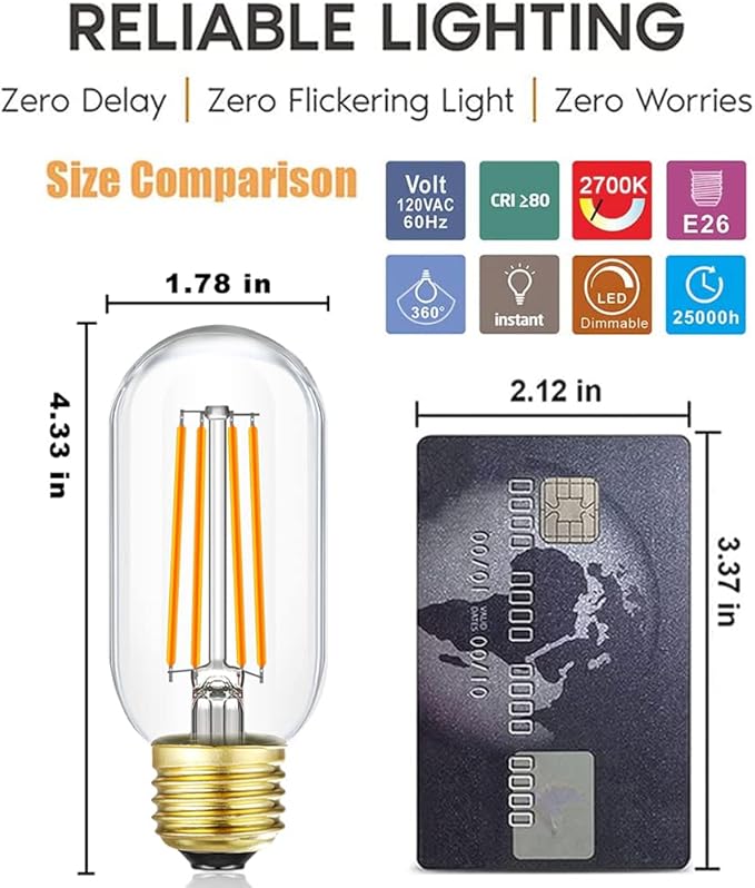 Leools Dimmable E26 led Bulb 8W Equal 75 watt Vintage LED Edison Bulb Clear Glass AC120V 2700K 800LM T14 LED Bulb for Ceiling Fan Light Bulbs, Pendant,Sputnik,Vanity,Chandeliers,6Pack.