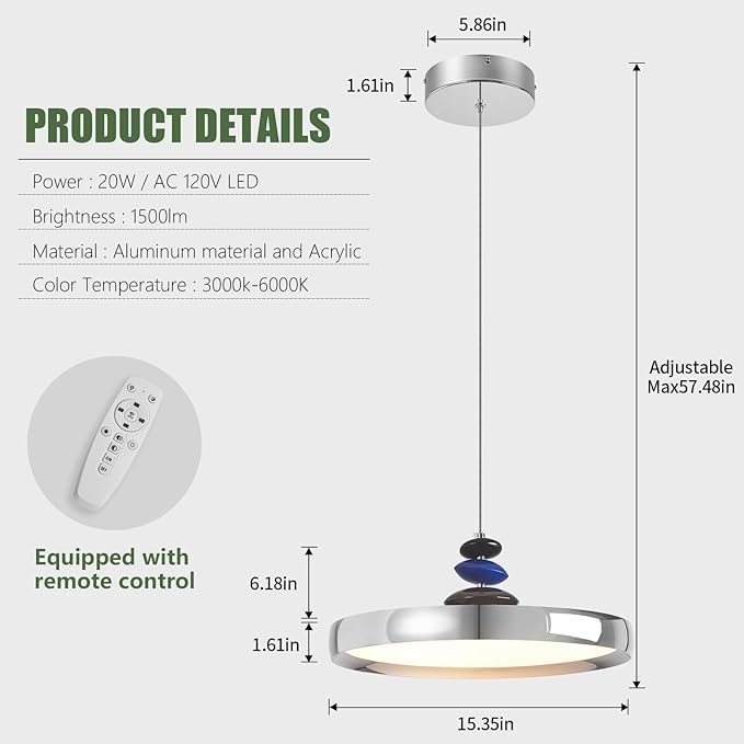 Modern Pendant Lights,Chrome 16" LED Pendant Lighting Fixture with Remote Control Dimmable 3 Color Mode & Brightness, Adjustable Hanging Lamp for Kitchen Dining Room Bedroom Kitchen Island