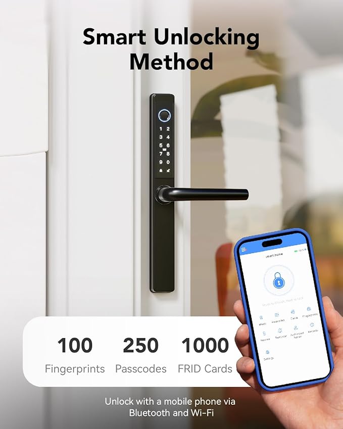 Electronic Smart Door Lock Fingerprint Door Lock with Keypad，Smart Lock for Front Door Children Proof Deadbolt IC Card, App Control & Mechanical Key 40–90mm Multipoint Locks (OSP Black)