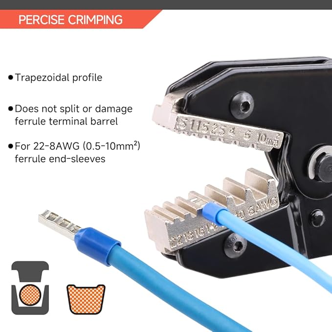 HKS Crimping Tool for Sleeves Ferrule Terminals & Pin Cord End- Ratcheting Wire Crimpers - AWG 22-8 (0.5-10mm²) - Ratchet Terminal Crimper - Electrical Crimping Tool