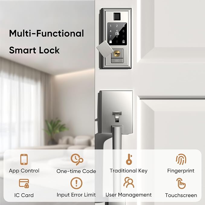 Smart Locks for Front Door with Lever Handle Set, Keyless Entry Door Lock, Fingerprint & App Control, Touchscreen Keypad Deadbolt, Auto Lock, Satin Nickel