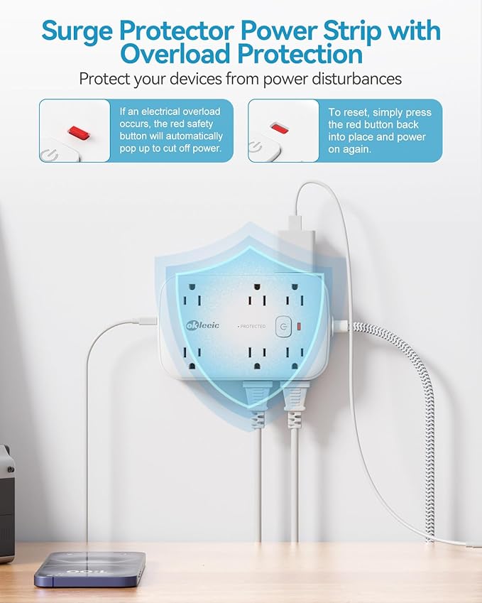 Flat Outlet Extender with 12 Inch Cord, Surge Protector Flat Plug Extension Outlet Splitter Adapter, 12 AC 6 USB(3 USB C) with Electrical 3 Way Multi Wall Plug Extender for Travel Dorm Room Essentials