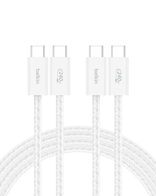 Belkin USB C to USB C Cable 2-Pack, 6.6ft, 240W - Type C Charger, iPhone Charger Cord, Soft, Braided, Flexible for iPhone 16, Galaxy S25, Pixel 9, MacBook, Chromebook, iPad Pro, Switch – White