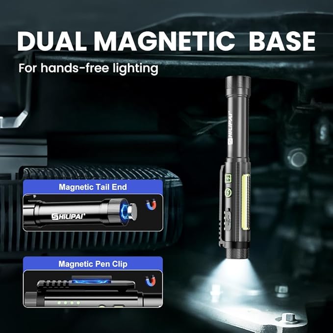 Magnetic Rechargeable Pen Light - 600 Lumen Dimmable EDC Flashlight, IPX4 Waterproof Work Light with Clip & COB LED for Mechanics, Nurses, Emergency(Grey)