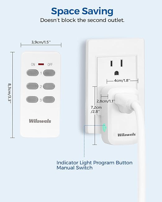 Remote Control Outlet, WILAWELS Wireless Remote Light Switch, Expandable Electrical Outlet Switch for Lamp, Light, Fan, Appliance, 100ft RF Range, FCC Listed, 1 Remote + 3 Outlets W02RC1306