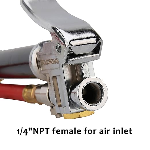 MEASUREMAN Heavy Duty Bayonet Style Tire Inflator, Aluminum Body, 20" Red Hose, Clip On Air Chuck, Aluminum Slide, Range 10-130psi/kpa