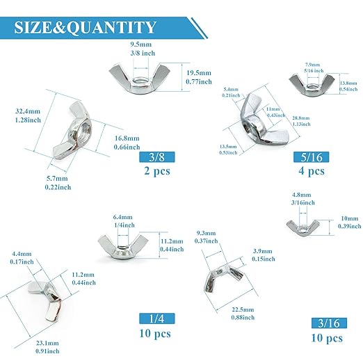 26 Pcs 4 Sizes 3/16",1/4",5/16",3/8" Wingnuts, Quality Carbon Steel Wing Nuts Sliver Zinc Plated Fasteners Parts Butterfly Nut, Hand Twist Tighten Hardware Nuts Butterfly Wing-Nut Assorted Kit