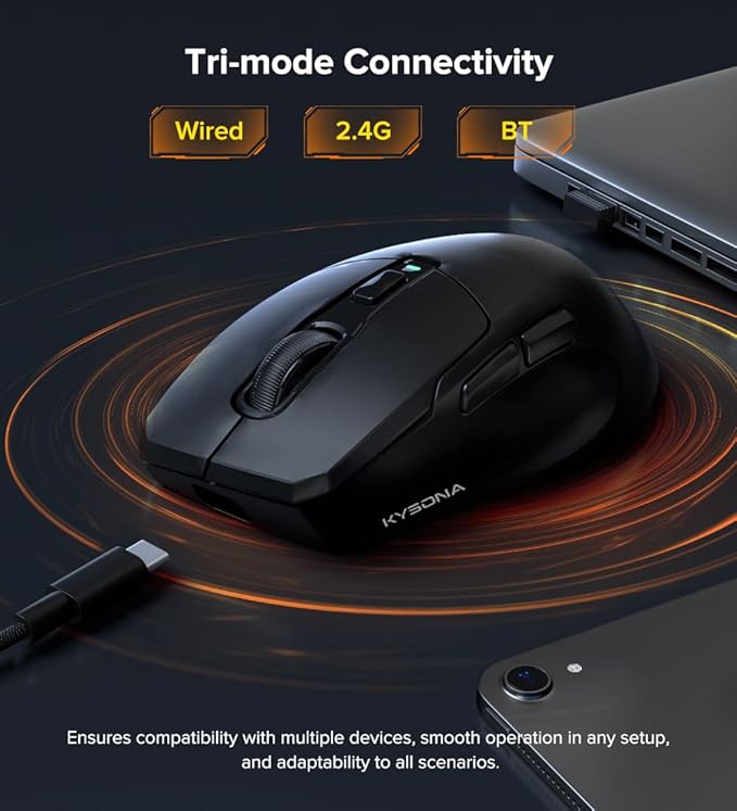 Wireless Gaming Mouse, 24000 DPI, 1K Polling Rate, Tri-Mode 2.4GHz/USB-C/Bluetooth Ergonomic Mouse， Web-Driven, 120 Hours Battery Life, Rechargeable Gaming Mice for PC/Mac/Tablet/Xbox, Black