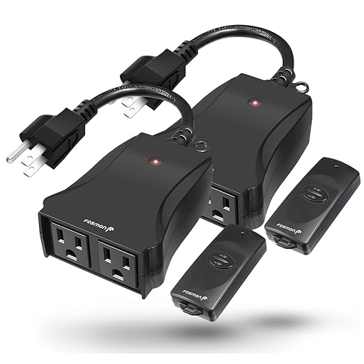 Fosmon Wireless Remote Control Outlet (2 Outlets, 80 Foot Range) ETL Listed Water Resistant Electrical Outlet for Outdoor Lights, Kitchen Appliances and Household Appliances (Battery Included) 2 Pack