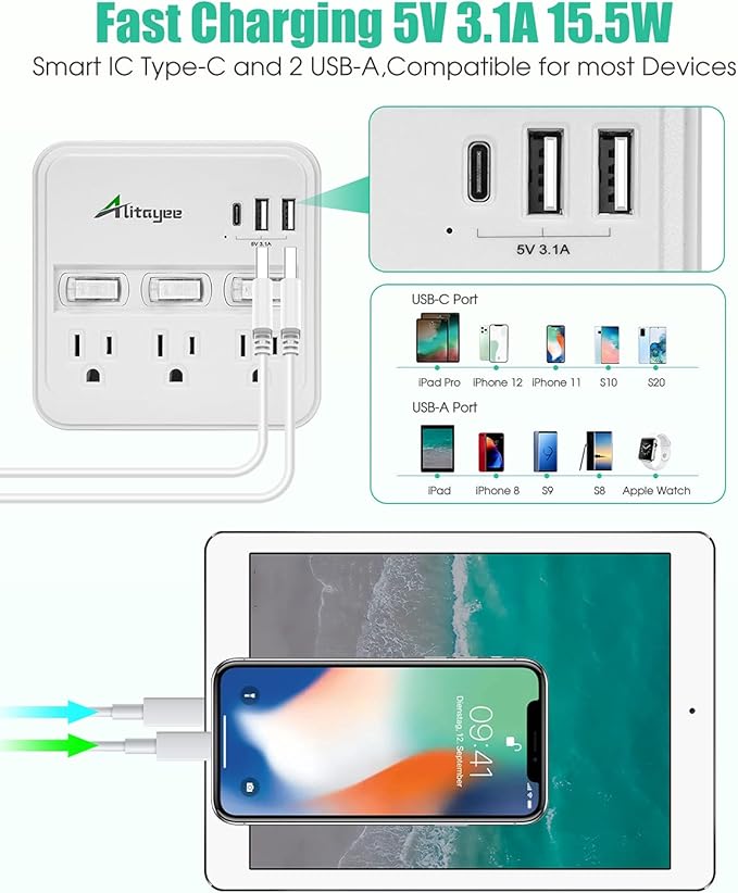 Alitayee Wall Outlet Extender Surge Protector, USB Power Strips with Individual Switches and 15.5W Type-C Fast Charging Ports for Cell Phone,Home,Office,Dorm ETL Listed White