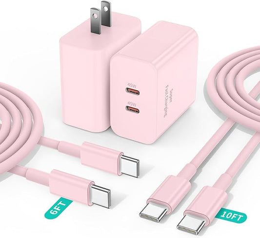 2 Pack 45W Super Fast Charger Type C for Samsung, USB C Android Phone Charger Fast Charging Block with 6FT/10FT Type C Charger Cord for Samsung Galaxy S25/S24/S23/S22+ Ultra/iPhone 17/16/15-Pink