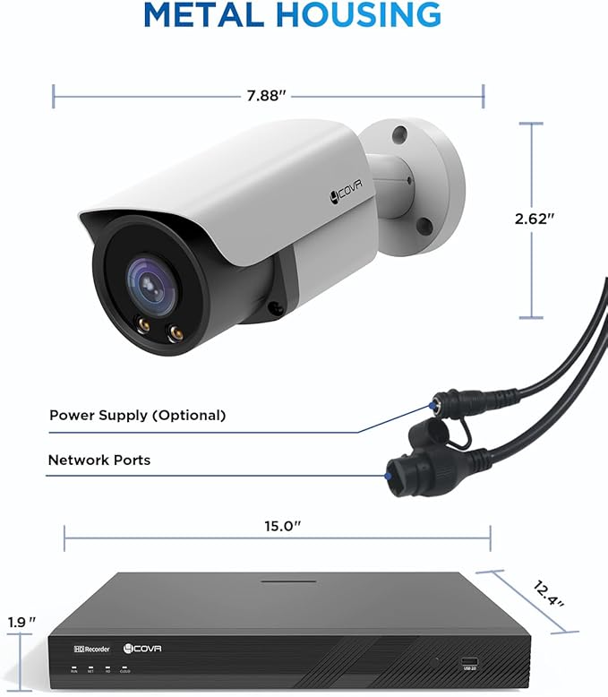 4COVR 16 Channel PoE Security Camera System, 2-Way Talk & Smart Full Color Night Vision, Human/Vehicle Detection, 4TB NVR Surveillance for Businesses, 12X 8MP Wired Bullet IP Camera IP67, LY37YX8M1612