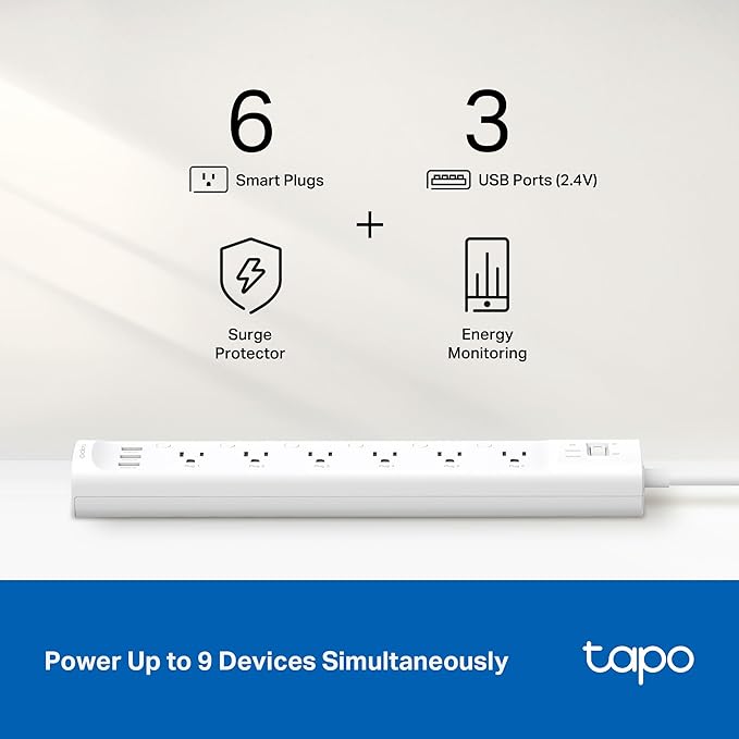 Tapo Smart Wi-Fi Power Strip- 6 Individually Controlled Smart Outlets and 3 USB Ports with Surge Protection, Matter, Works w/Alexa, Google Home, Siri, & Bixby, No Hub Needed, Tapo P316M