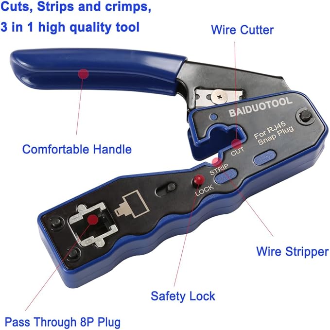RJ45 Crimp Tool Pass Through Crimper Ethernet Crimping Tool Wire Crimper Stripper Cutter for Cat5e Cat6 Cat6a 8P8C Modular Connectors Ethernet Crimper Tool with mini yellow stripper