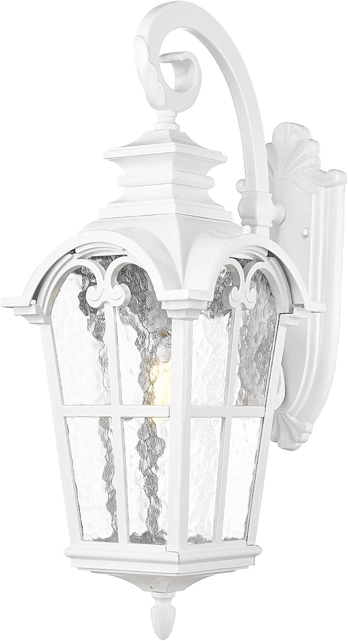 Emliviar 1-Light Modern Outdoor Porch Light Fixture, 25 Inch Large Exterior Wall Light, Die-Cast Aluminum with Water Grain Glass, White Finish, WE215BM WH