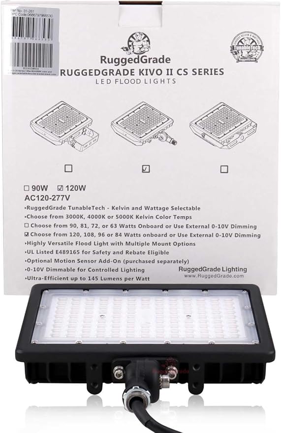 RuggedGrade 120W LED Flood Light | Kivo II CS Series | 17,400 Lumens | Color Selectable 3000K/4000K/5000K | Outdoor Waterproof Security Light | Knuckle Mount with Photocell | DLC 5.1 Premium
