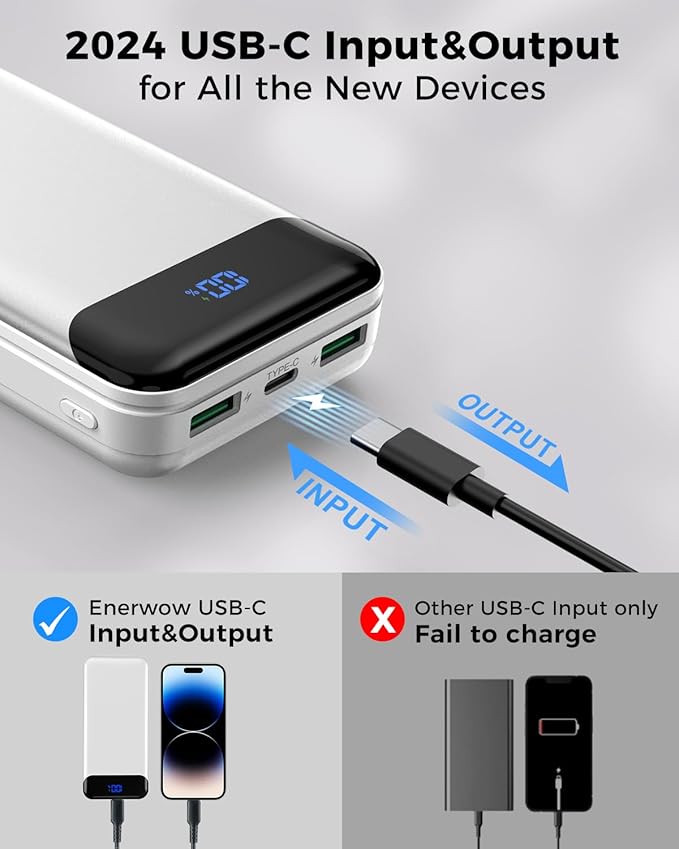 Portable Charger Power Bank 40000mAh Powerbank PD 30W and QC 4.0 Fast Charging External Battery Pack with USB-C LED 3 Outputs & 2 Inputs Portable Charging for iPhone 15 14 13 (White)