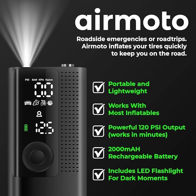 Airmoto Tire Inflator Portable Air Compressor - Air Pump For Car Tires with Digital Pressure Gauge, LED Light and Auto Shut-Off Function - Cordless Pump for Car, Motorcycle, Bicycle, Balls and More