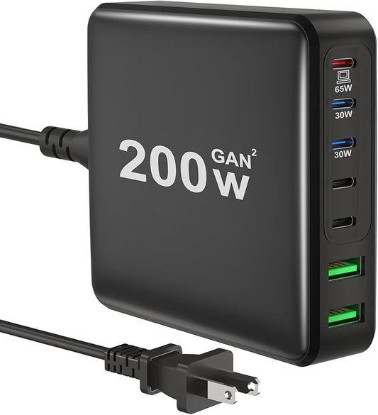 USB C Charger Block, 200W 7-Port Charger Block Fast Charging Station 65W Laptop Fast Charging Hub Compatible with iPhone 16/Pro/Pro Max/15/14/13, MacBook Pro/Air, DELL, Galaxy