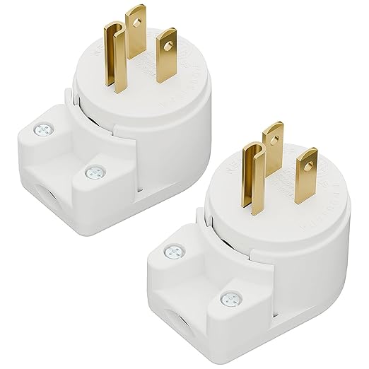 2 Pack Nema 5-15P Plug 15A 125V Plug, Plugrand 12 Directions Adjustable Plug, 90 Degree Plug, 5-15P 3-Prong Rewireable Plug, Nema 5-15P Household Right Angle AC Plug, White, ETL Verified