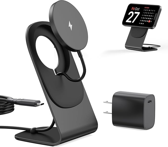 Magnetic Wireless Charger with Aluminum Charging Pad Stand Compatible with iPhone 16/15/14/13/12 Series，20W PD Charger&5ft Cable Included, Black