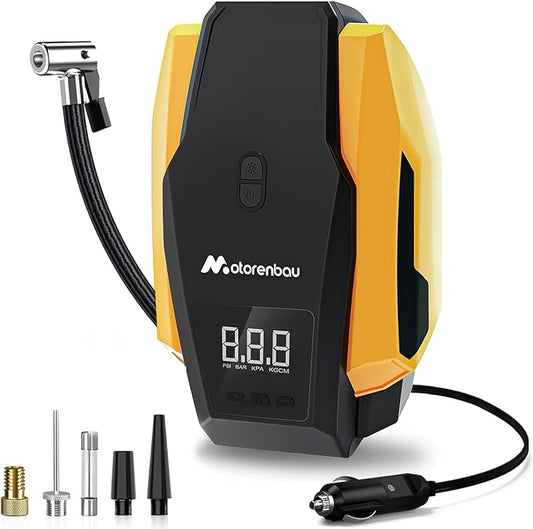 Tire Inflator Portable Air Compressor, 150PSI 12V DC Air Pump for Car Tires with LED Light, Auto Shutoff & Pressure Gauge, Tire Air Pump for Car,Motorcycle,Bicycle,Balls and Other Inflatables(Yellow)