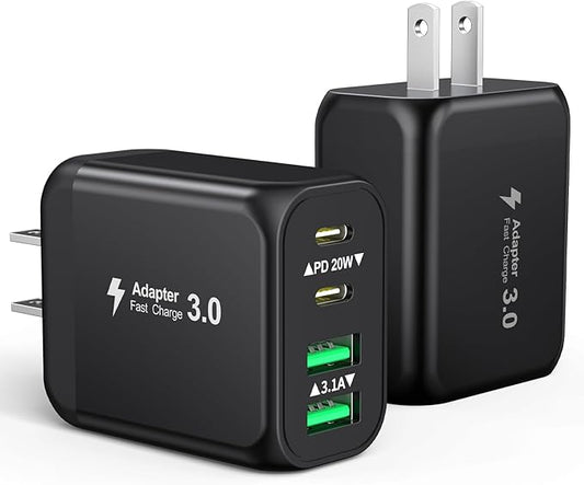 40W USB C Charger Block, 2-Pack 4-Port Fast Charging Block Power Adapter, Dual PD & QC Type-C Multiport Wall Charger for iPhone 16 15 14 13 12 11 Pro Max, Samsung, Tablets