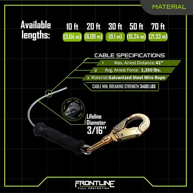 Frontline RPG50' Cable SRL with Steel Snap Hook End | 3/16" Galvanized Steel Cable | Lightweight, Durable | Swivel Anchorage Eye | 310 lbs Capacity | ANSI & OSHA Compliant (2 Pack)