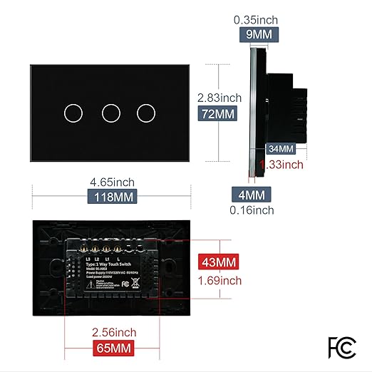 Light Switch No Neutral Wire,Single Live Wire Light Switch No WiFi,Tempered Glass Panel,Total Power Maximum 1000W,FCC Certification,Black 3 Gang