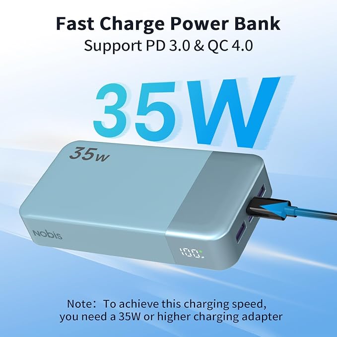 NOBIS Portable Charger, 20000mAh Power Bank, 35W Power Bank Fast Charging, Battery Pack with C to C Cable, Battery Bank with Digital Display for Phone Android etc