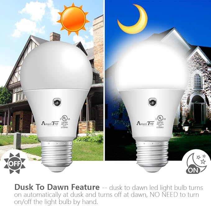 AmeriTop Dusk to Dawn Light Bulb- 2 Pack, A19 LED Sensor Light Bulbs; UL Listed, Automatic On/Off, 800 Lumen, 10W(60 Watt Equivalent), E26 Base, Indoor/Outdoor Lighting Bulb (5000K Daylight)