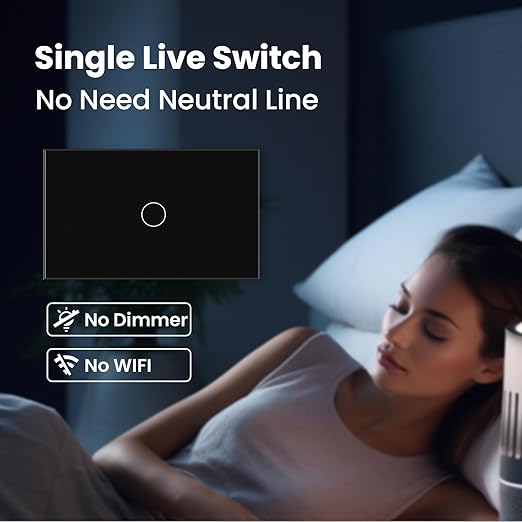 Light Switch No Neutral Wire,Single Live Wire Light Switch No WiFi,Tempered Glass Panel,Total Power Maximum 1000W,FCC Certification,Black 1 Gang