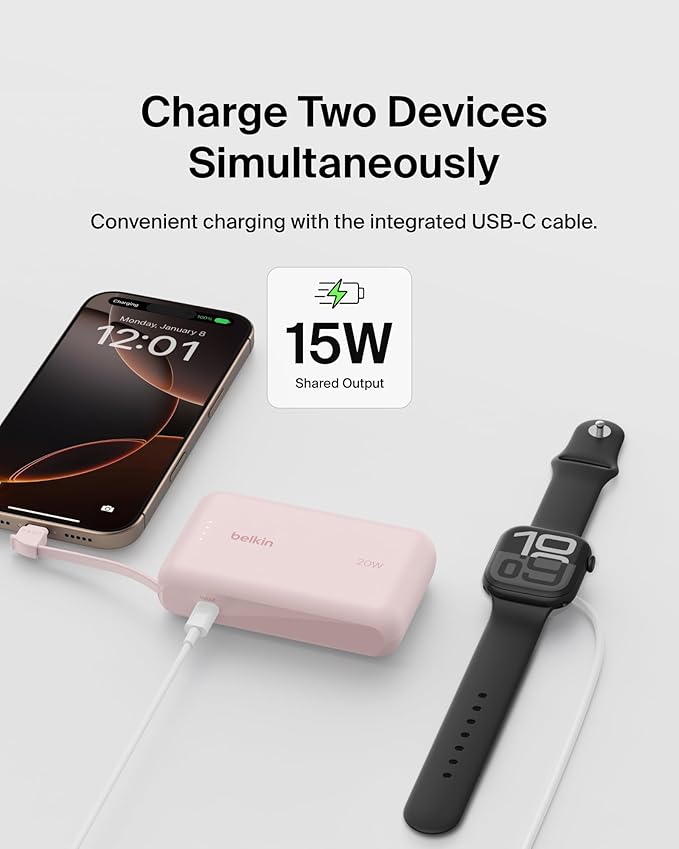 Belkin Portable Charger, Power Bank with Integrated Cable 10000 mAh 20W - Fast Charge USB C Power Delivery, iPhone Charger - iPhone 16 Series, iPad Pro, Galaxy S25, & More - Pink