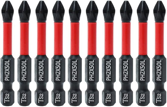 AUTOTOOLHOME 10 Pack Phillips PH2 Magnetic Anti Slip Screwdriver Bit Set 2" L TS2 Toolsteel HRC63 Anti-Slip Long Drill Bits 1/4 Hex Shank Cross Single and Double Head Bits Screw Impact Driver Bits