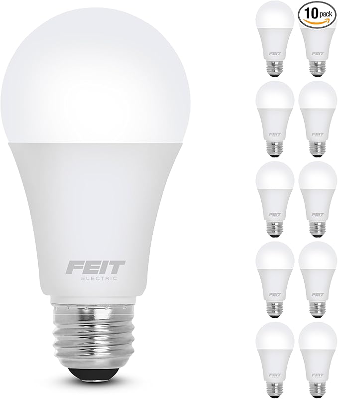 Feit Electric A19 LED Light Bulb, 60W Equivalent, Non Dimmable, 800 Lumens, E26 Medium Base, 5000k Daylight, CRI 90, 10 Year Lifetime, UL Listed, Damp Rated, 10 Pack, OM60/950CA10K/10